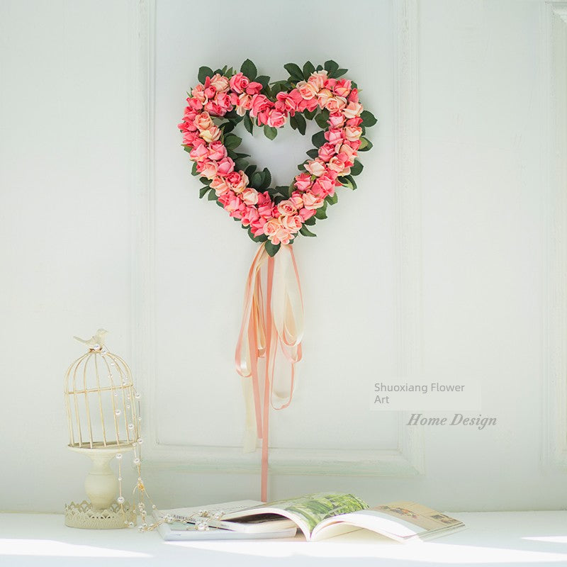 Rose Heart-Shaped Garland Artificial Flower Lintel Fake Flower Door Decoration Hanging Decoration Wedding Room Home Wedding Bedroom Door Ornamental Flower