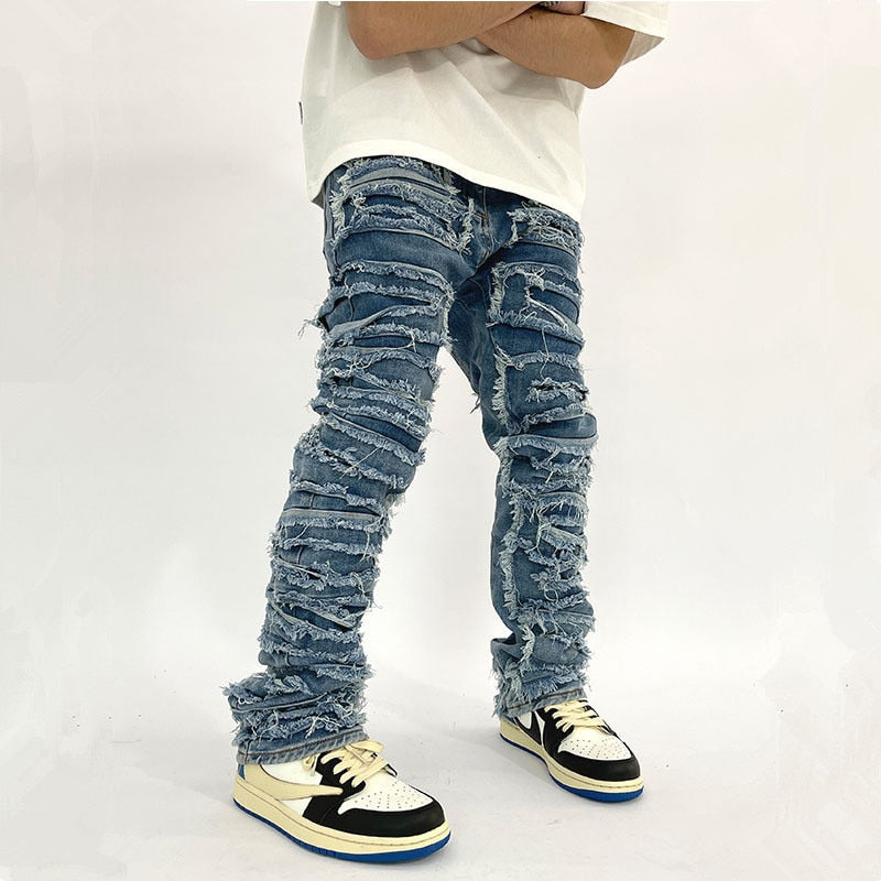 Men Kanye Y2K Streetwear Baggy Ripped Stacked Jeans