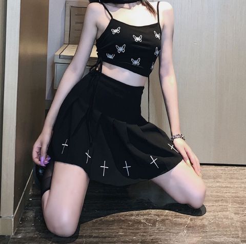 Womens Black High Waist Mini Skirts Punk Pleated Vintage Skirt