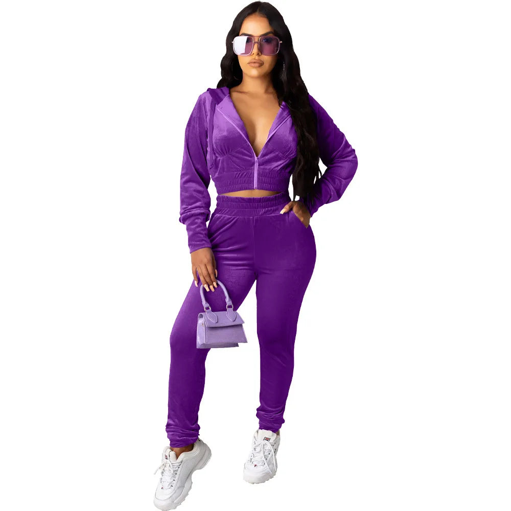 Womens VOLALO Zipper Hooded Collar Two Piece Set