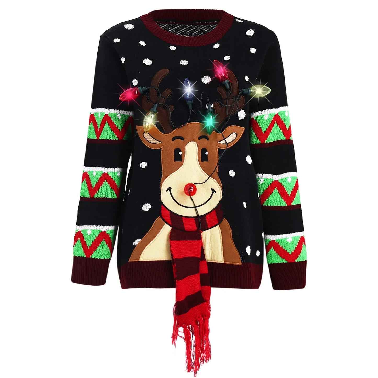 Womens LED Light Up Christmas Cartoon Reindeer Knit Ugly Sweater