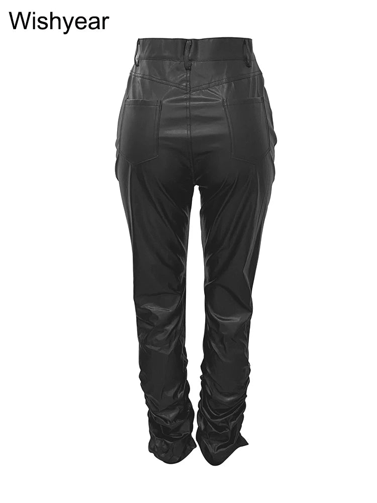 Women Faux Leather Moto Biker Stacked Pants