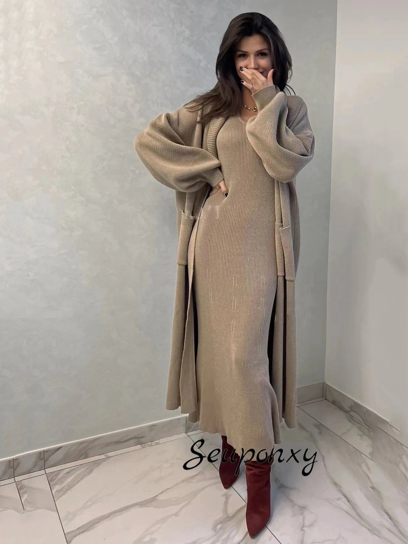 Womens High Quality  Solid Color Knitted Set