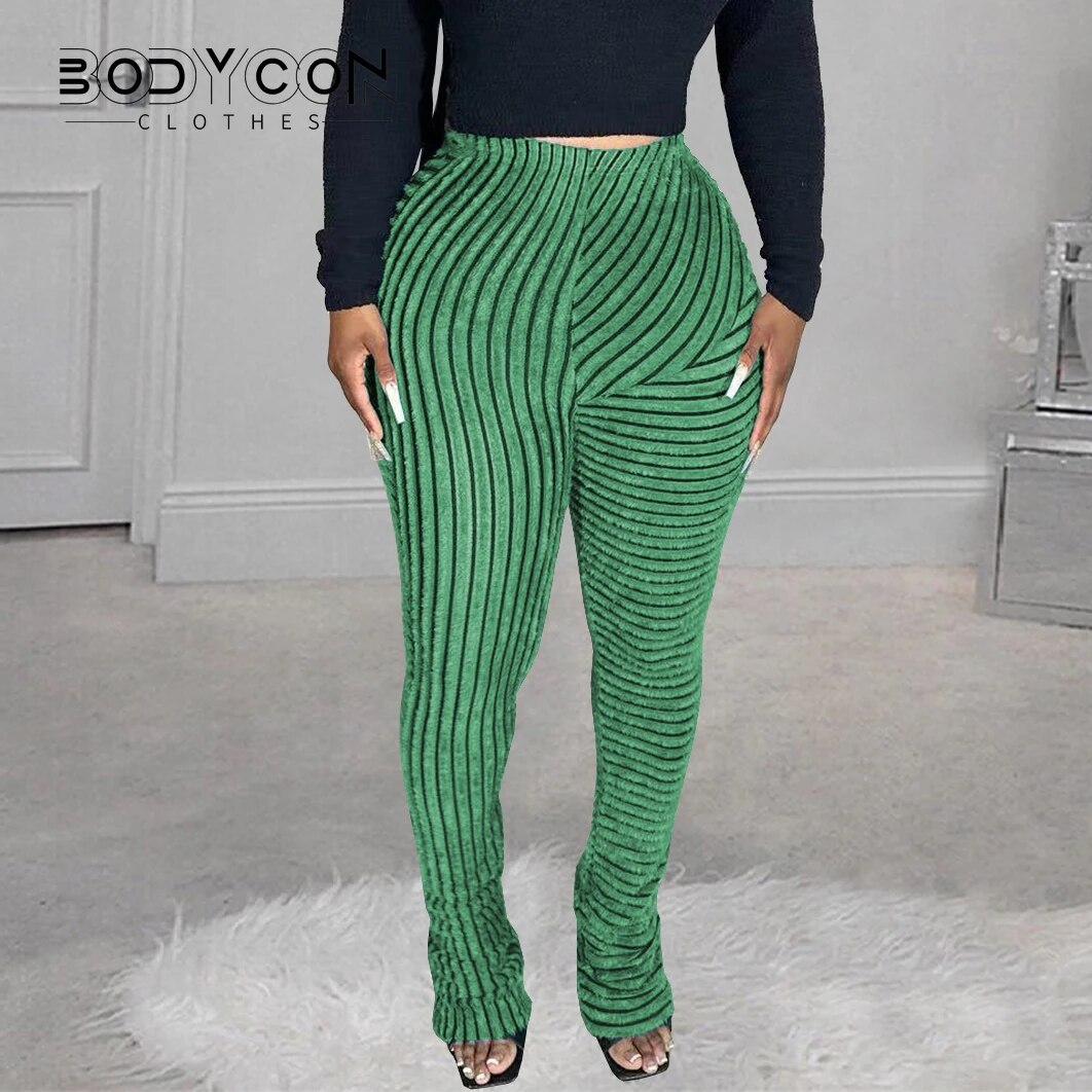 Women's Bodycon Striped Fluffy Stacked Pants High Waist Trend