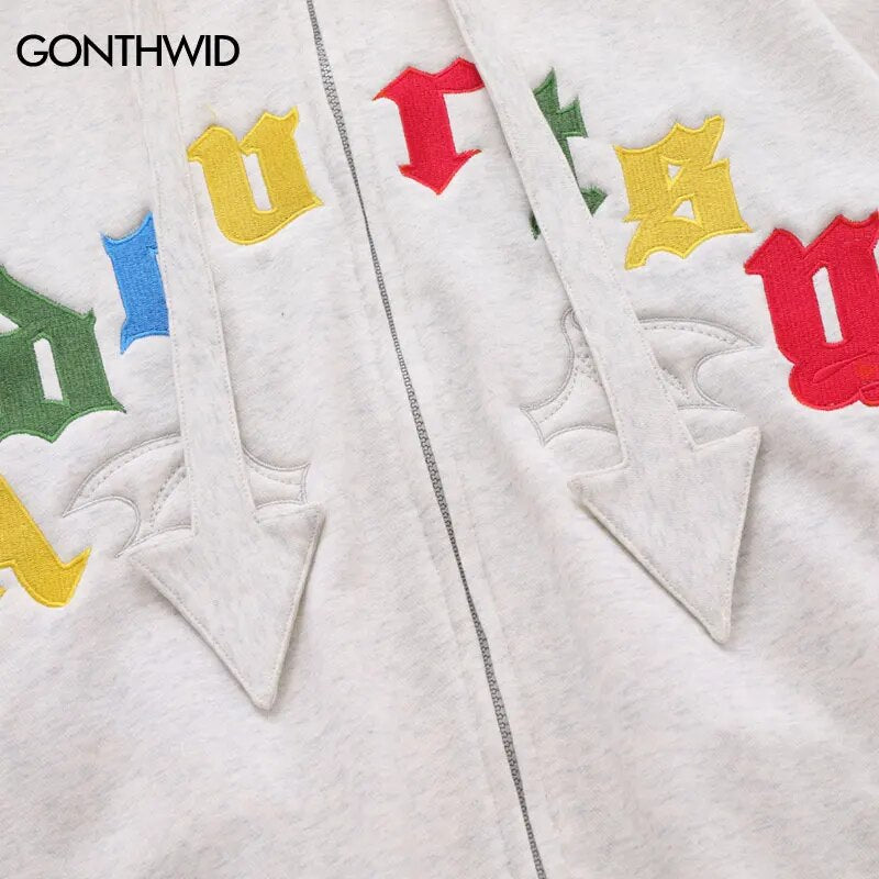 Mens Hip Hop Devil Horns Harajuku Embroidery Letter Zipper Hooded Jackets