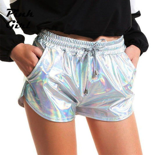 Womens Shiny Metallic Hot Shorts Holographic Casual Elastic Drawstring Shorts