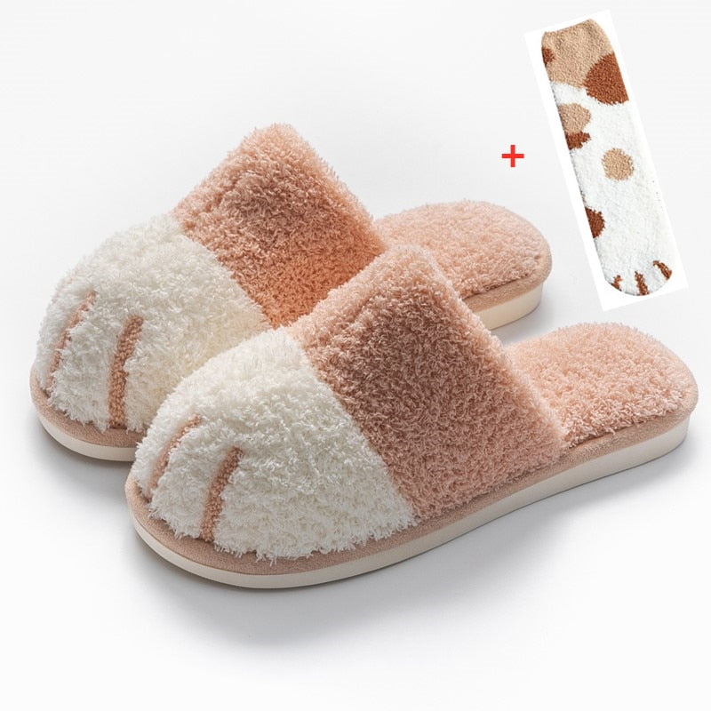 Women Winter Cute Cat Paw Designer House Fur Slippers