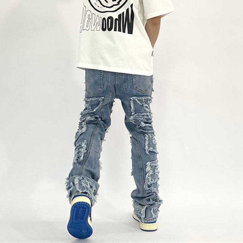 Men Kanye Y2K Streetwear Baggy Ripped Stacked Jeans