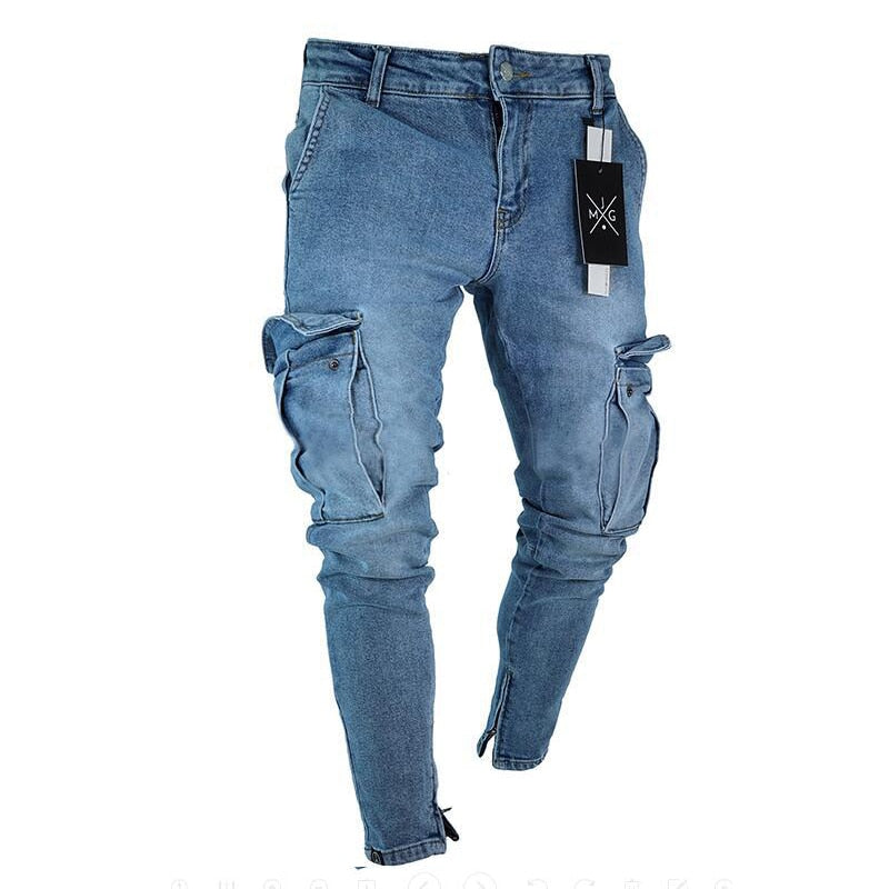 Men Wash Solid Color Mid Waist Cargo Jeans