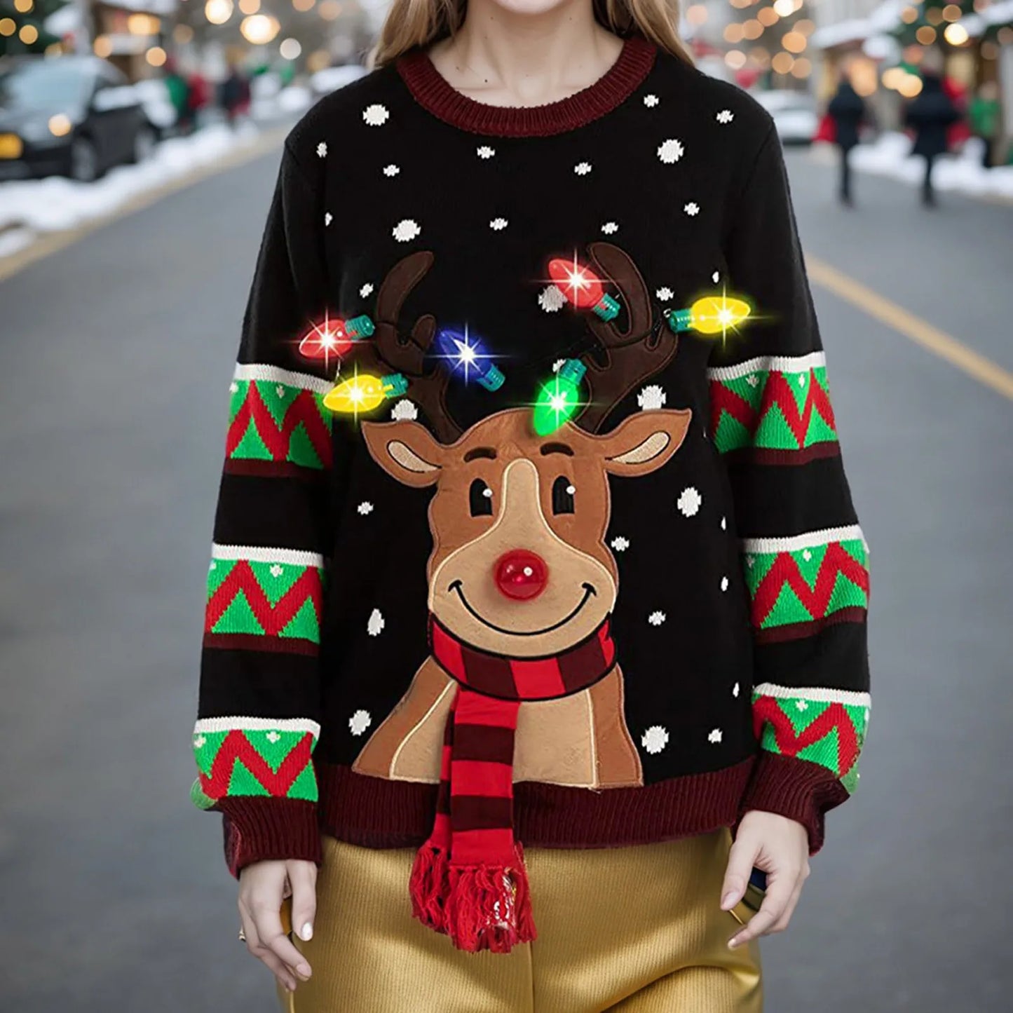 Womens LED Light Up Christmas Cartoon Reindeer Knit Ugly Sweater