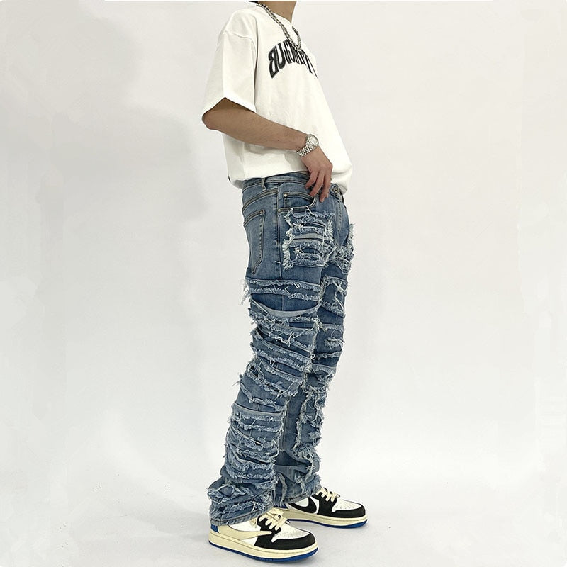 Men Kanye Y2K Streetwear Baggy Ripped Stacked Jeans