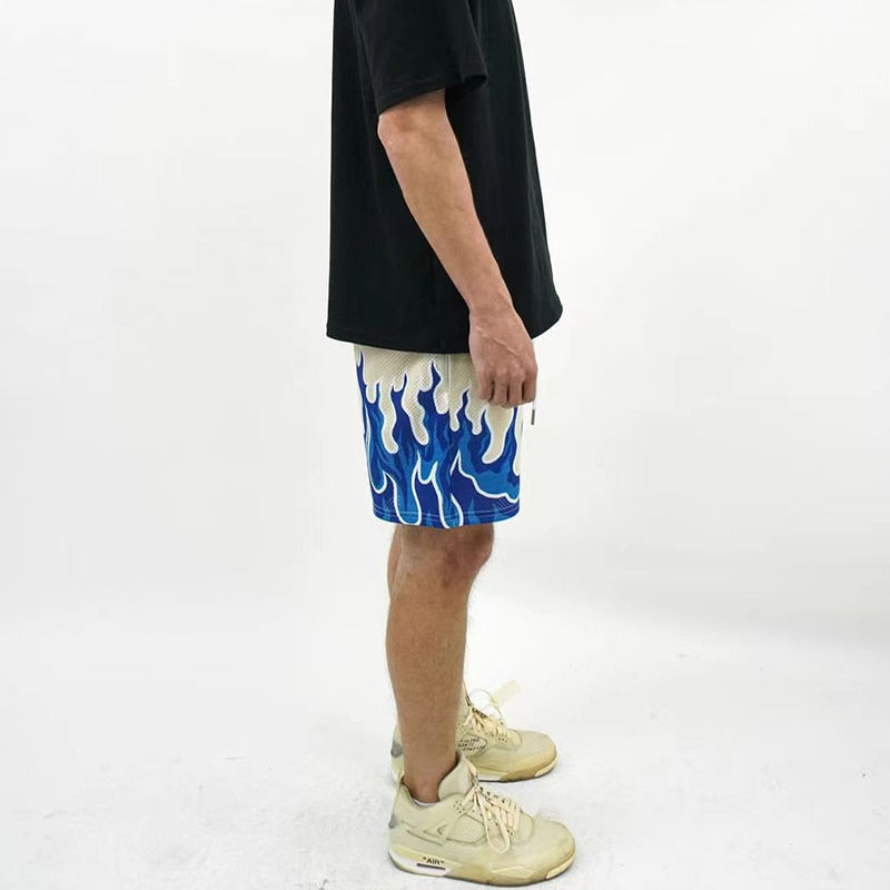 Mesh Breathable Men Flame Print Shorts