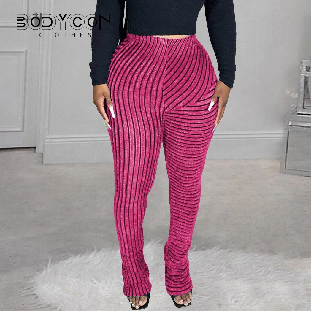 Women's Bodycon Striped Fluffy Stacked Pants High Waist Trend