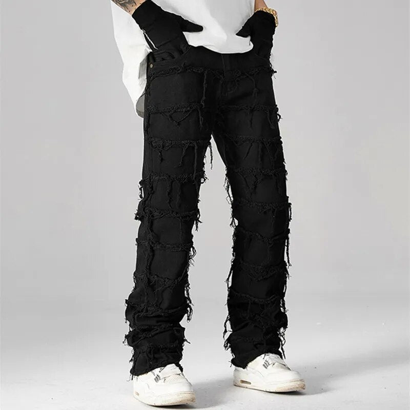 Mens Punk Stacked White Straight Y2K Grunge Jeans