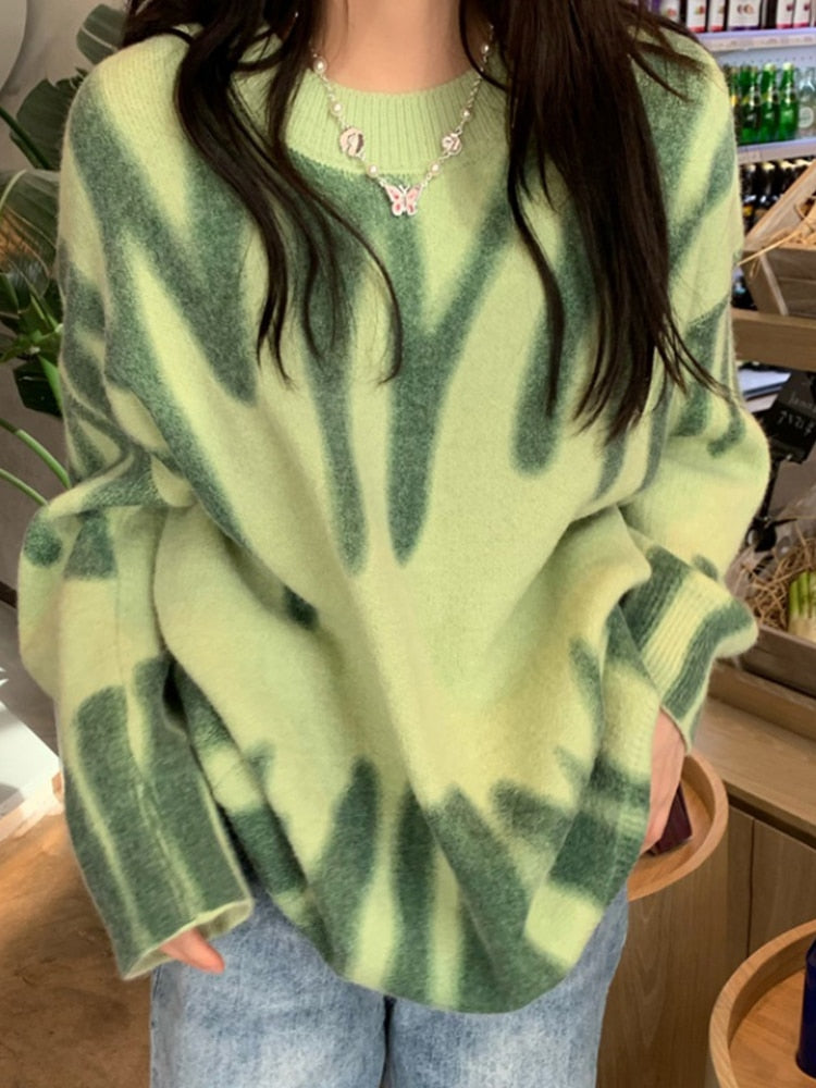 Elegant Green Striped Oversized Sweater