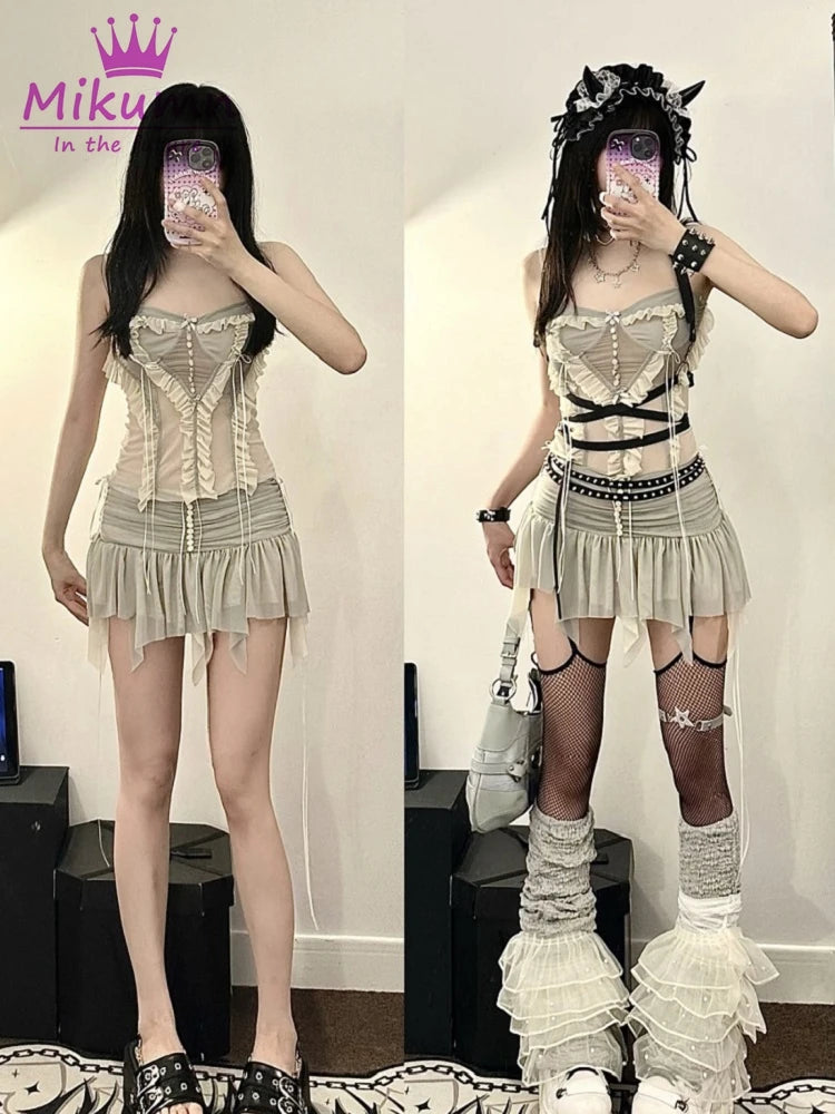 Womens Aesthetic Fairy Grunge Mesh Irregular Short Skirt Set