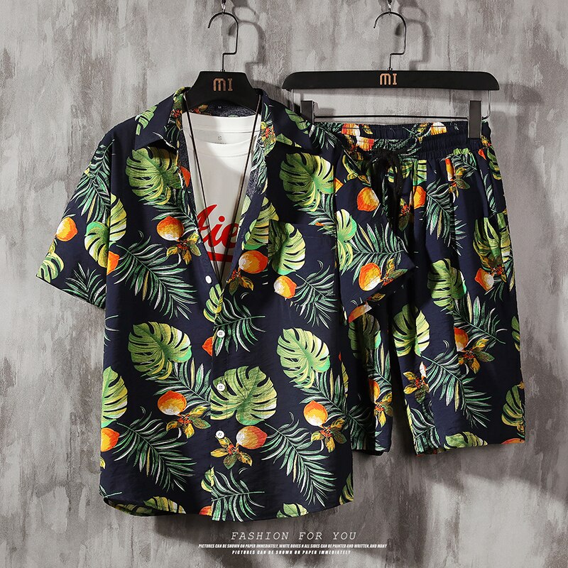 Men's 2 Pieces Set Hawaiian Shirts +Beach Shorts Mens Casual Streetwear