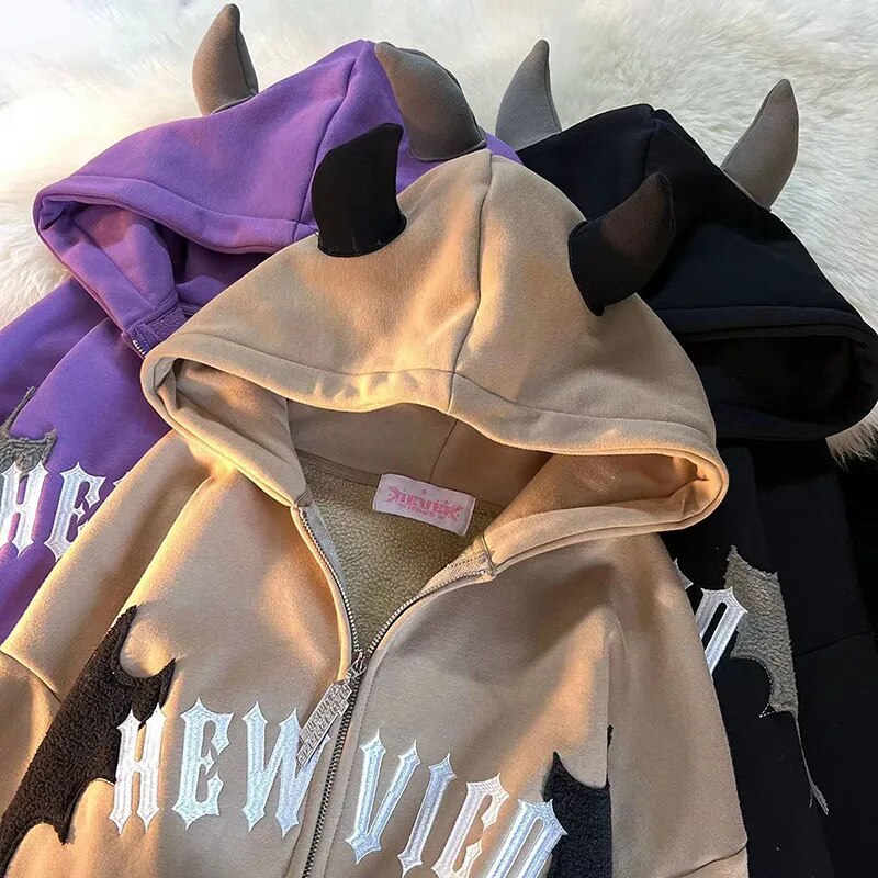 Womens Y2k Gothic Devil Ears Hooded Jackets Retro Sweatshirts