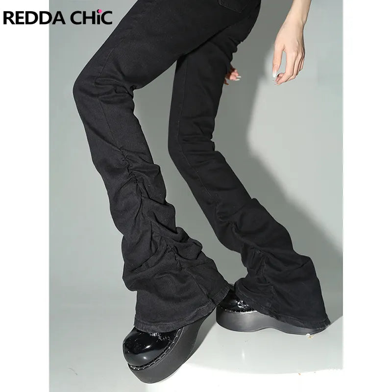 Womens REDDACHiC Black Ruched Flare Jeans Women Y2k High-elastic Bootcut Stacked Pants