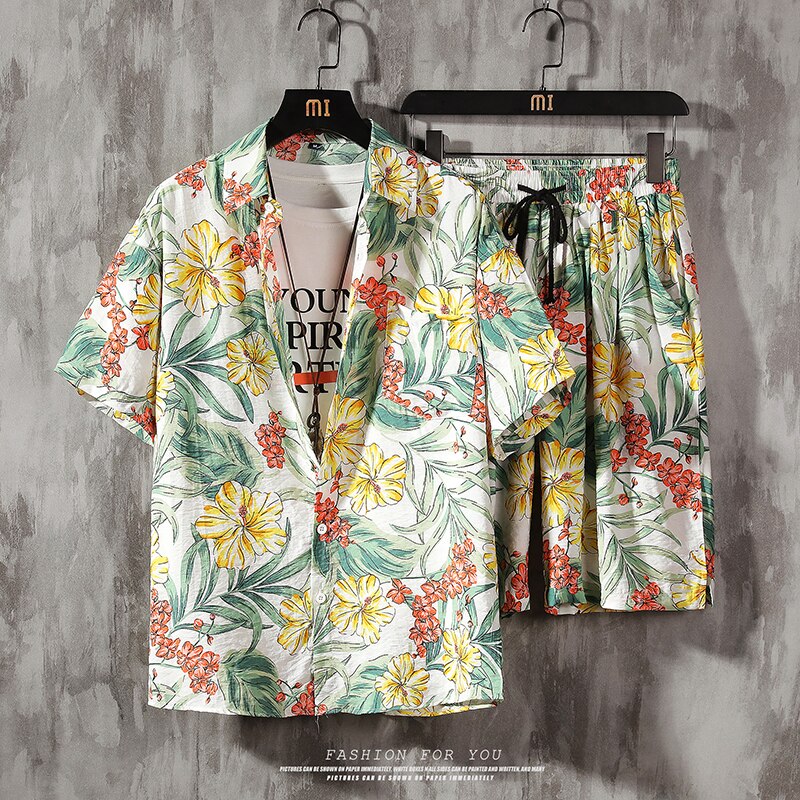 Men's 2 Pieces Set Hawaiian Shirts +Beach Shorts Mens Casual Streetwear