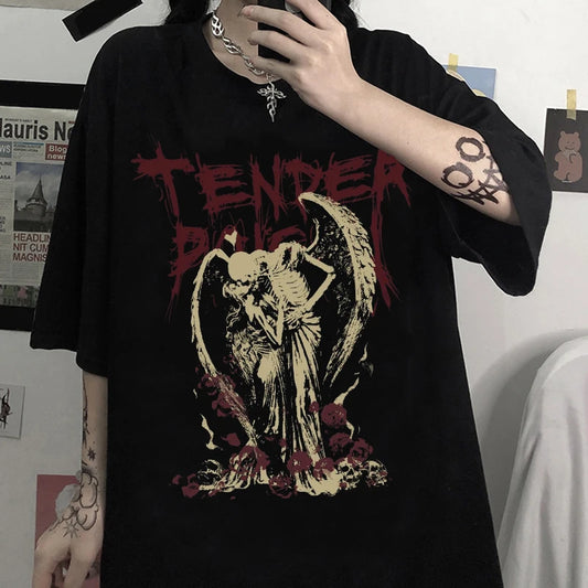 Unisex Gothic Clothing Tops Skeleton Devil Angel Vintage Oversized T Shirt