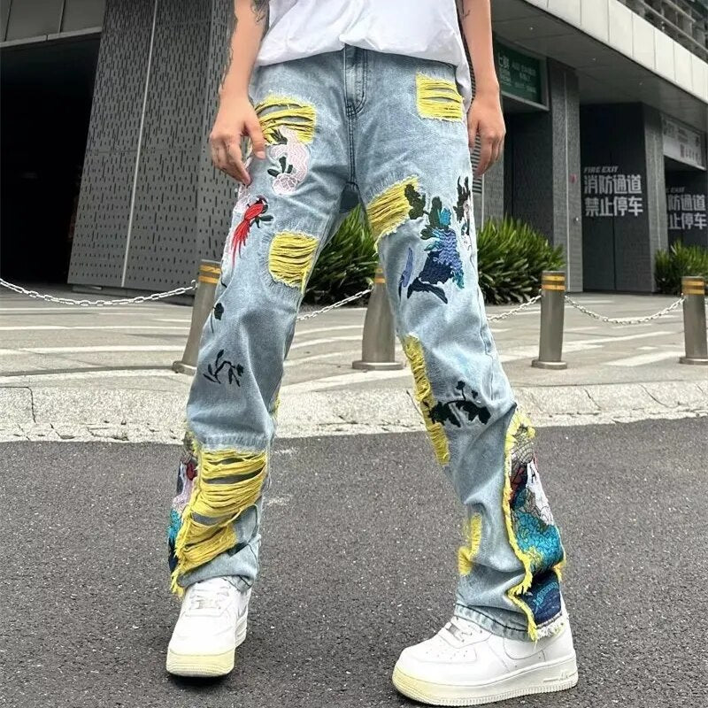 Men  Ropa Grunge Y2K Streetwear Baggy Stacked Ripped Jeans