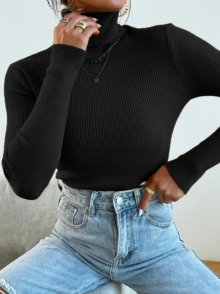 Womens Knitted Solid Turtleneck Casual Rib Jumper Tops