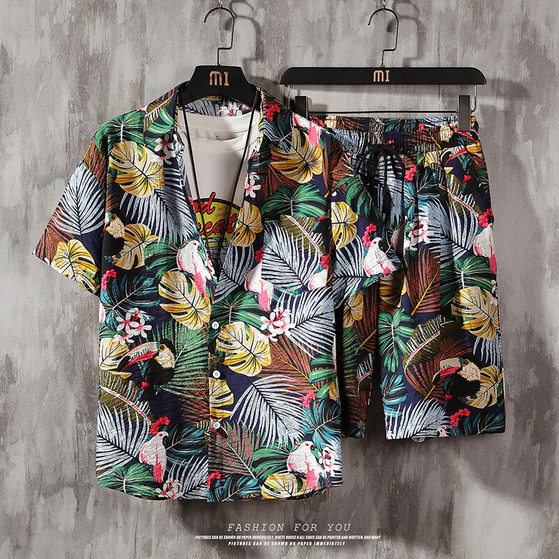 Men's 2 Pieces Set Hawaiian Shirts +Beach Shorts Mens Casual Streetwear