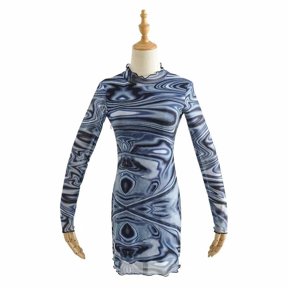 Womens bazaleas Slim Blue Wave Pattern Vestidos Dresses