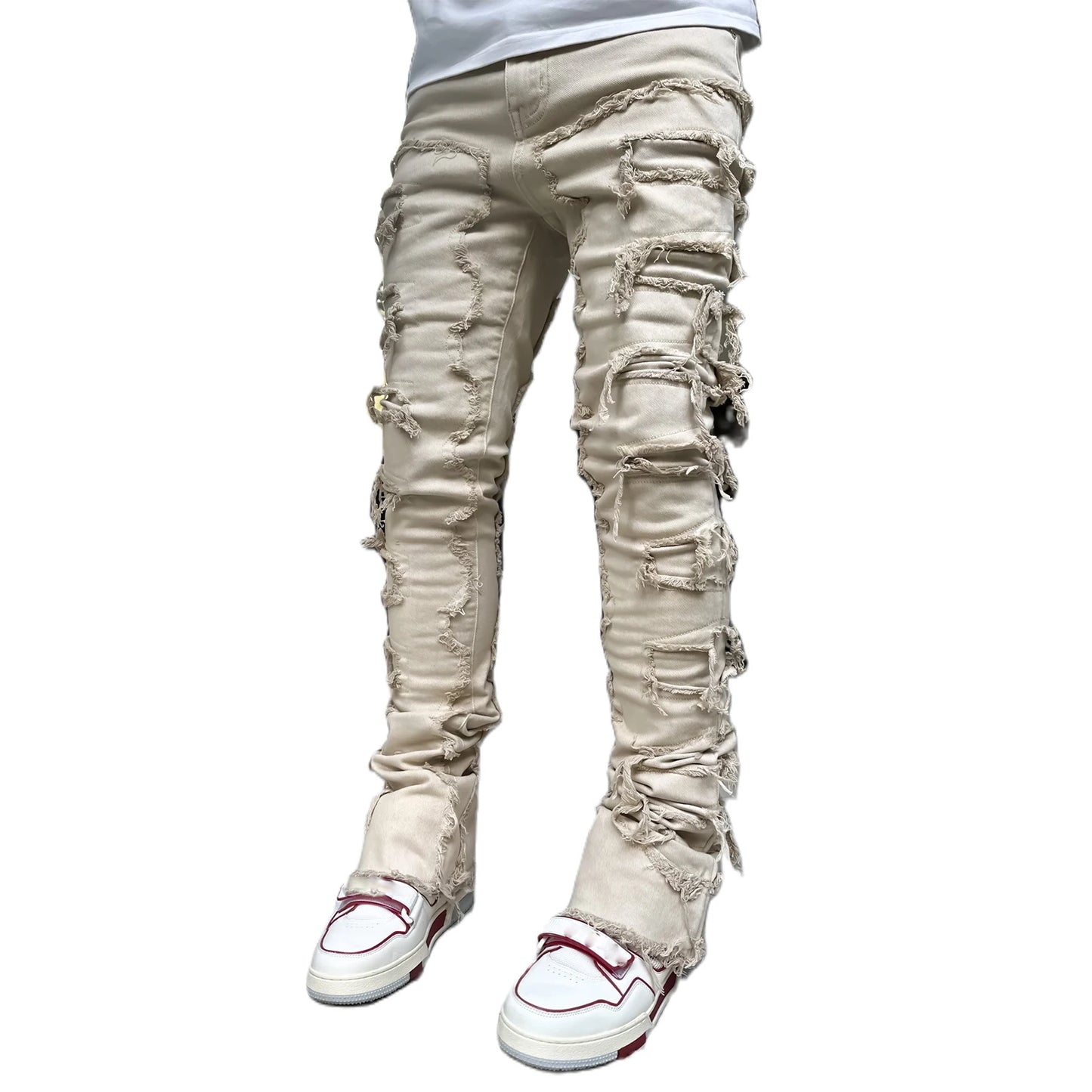 Men's Slim Fit Ripped Jeans Camouflage Demin Stacked Jeans