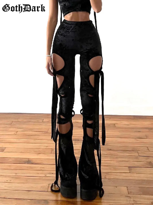 Womens Goth Dark Velvet Hollow Out Mall Gothic Pencil Pants