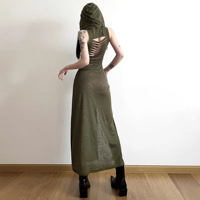 Women's Goth Dark Cyber Gothic Desert Walker Hooded Dresses