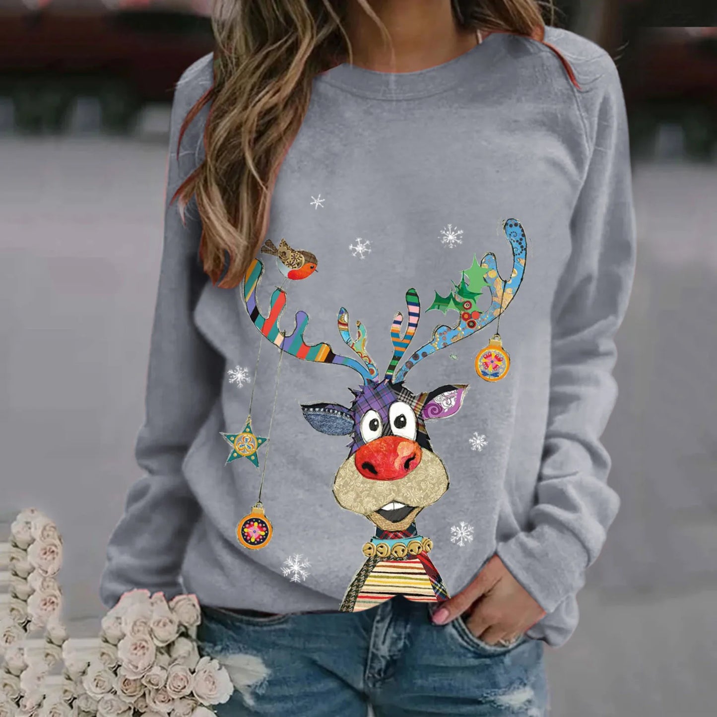 Womens Christmas Sweater O-neck  Loose Long Sleeve Print Sweater