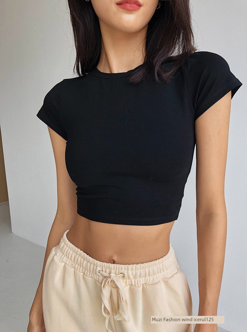 Womens Basic Style Slim Fit Midriff-Baring Solid Color Top T-shirt