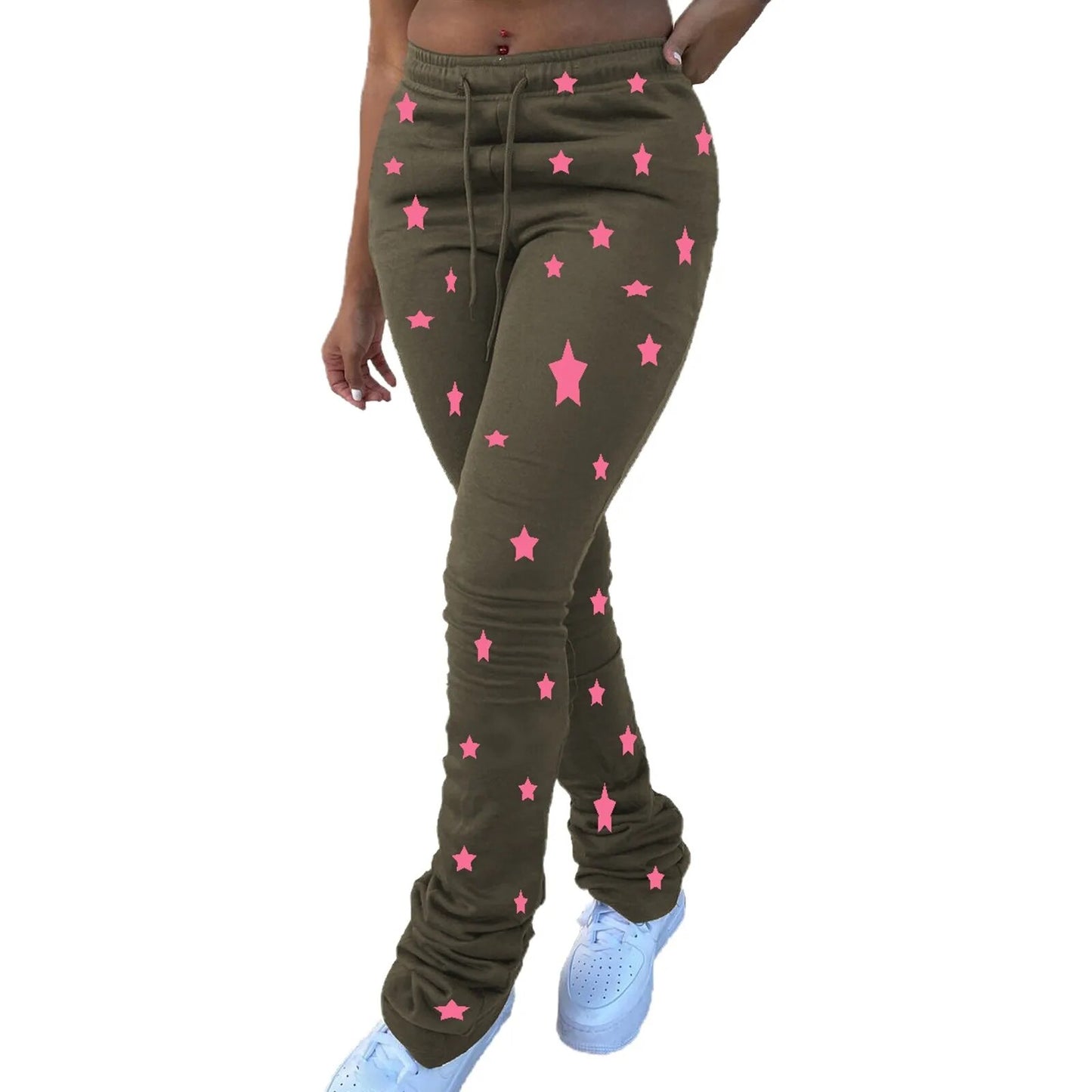 Womens Classic Star Print Legging High Waist Drawstring Flare Bell Bottom Ruched Stack Sweatpants