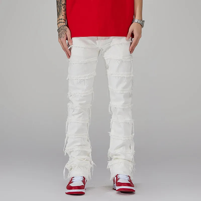 Mens Punk Stacked White Straight Y2K Grunge Jeans