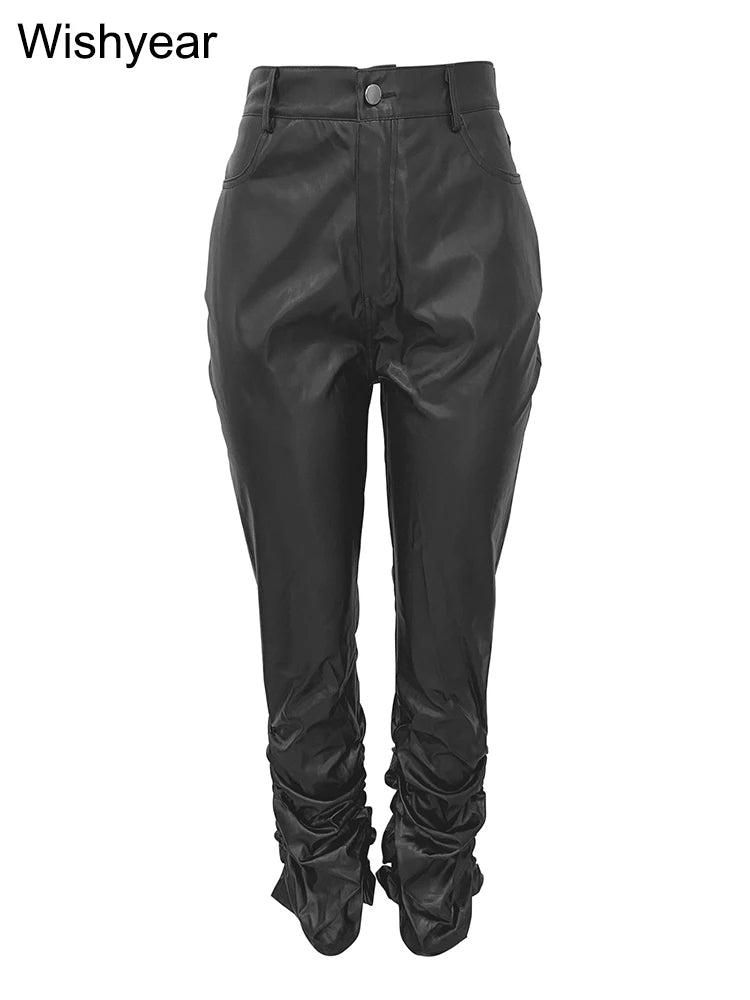 Women Faux Leather Moto Biker Stacked Pants