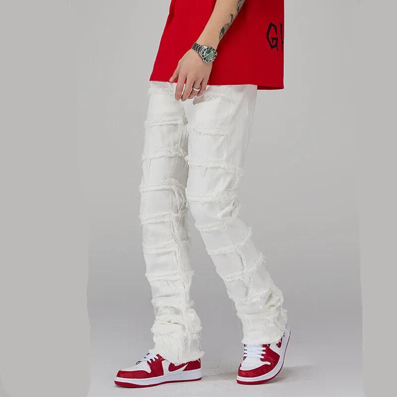 Mens Punk Stacked White Straight Y2K Grunge Jeans