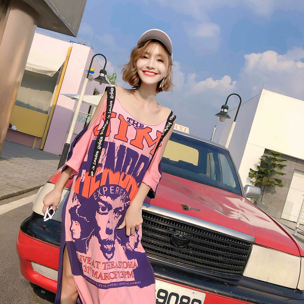 Womens Off-the-Shoulder Summer New Chic Loose Print T-shirt