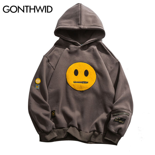 GONTHWID Zipper Pocket Smile Face Patchwork Fleece Hoodies Sweatshirts