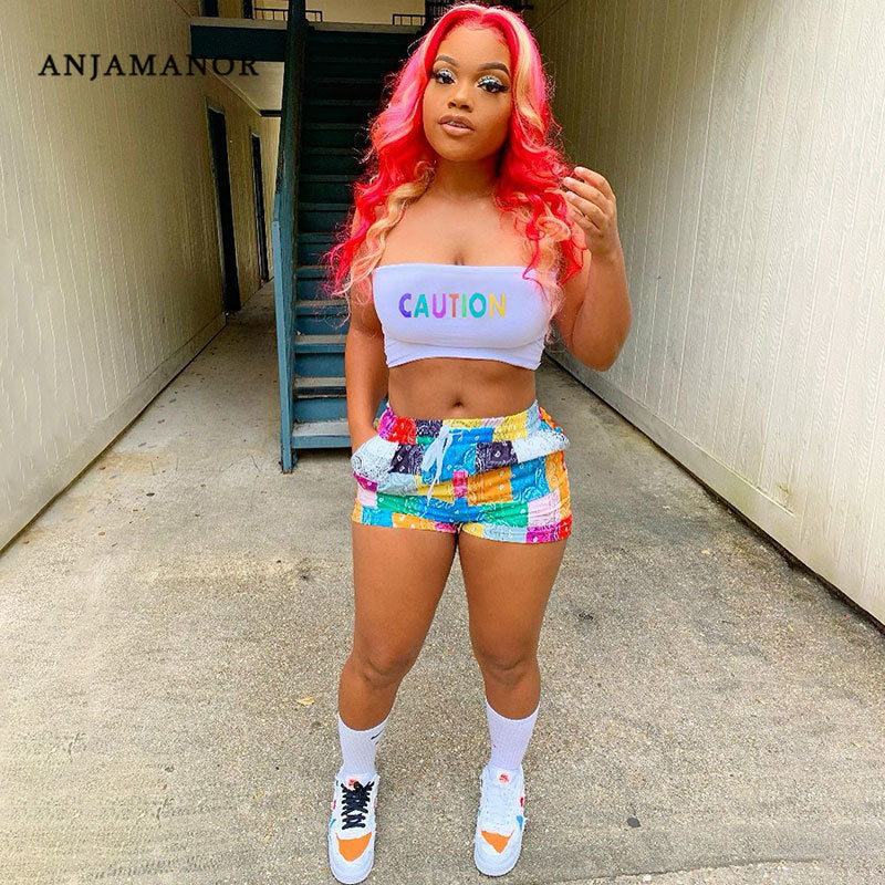 ANJAMANOR Women Sexy Colorblock Bandana Shorts With crop top set