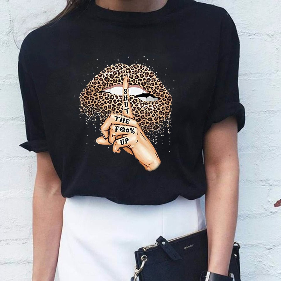 Women Lips Leopard Print labios T-shirt