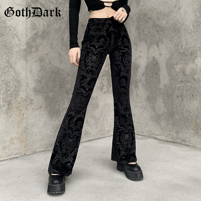 Women's Goth Dark Vintage Floral Scratched Pants High Waist