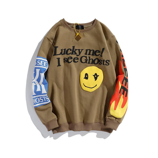 Men Harajuku Retro Smiley Flame Print Round Neck Sweatshirts