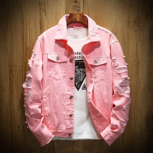 Men's Slim Fit Ripped Cotton Denim Jacket