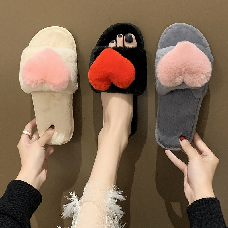 COOTELILI Women Home Slippers Heart-Shaped Winter Warm Shoes Woman Slip on Flats Slides Female Faux Fur Slippers Casual 36-45