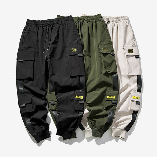 Men Harem Pants Multi-Pocket Ribbons