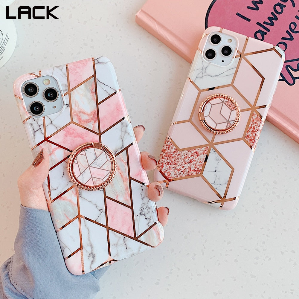 Plating Geometric Marble Ring Stand Phone Case For iphone