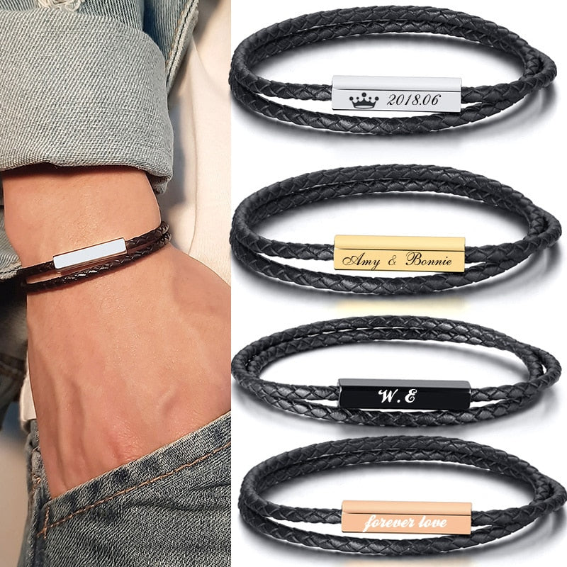 Personalized Leather Braided Bracelet for Men