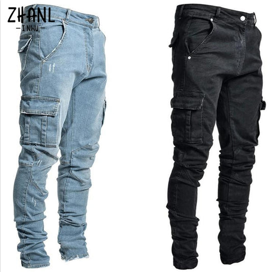 Men Wash Solid Color Mid Waist Cargo Jeans